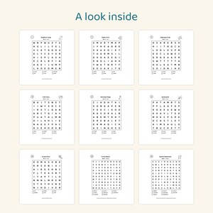 May include: A collection of nine word search puzzles arranged in a grid, titled A look inside. Each puzzle features a square letter grid, a numbered heading, a small icon, and a list of words to find at the bottom of each individual square.