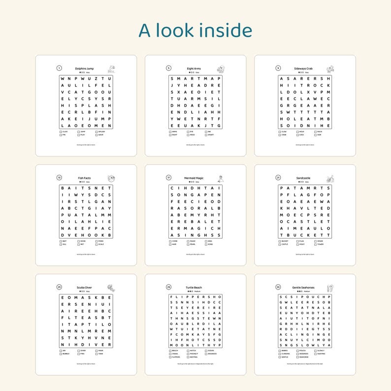 May include: A collection of nine word search puzzles arranged in a grid, titled A look inside. Each puzzle features a square letter grid, a numbered heading, a small icon, and a list of words to find at the bottom of each individual square.
