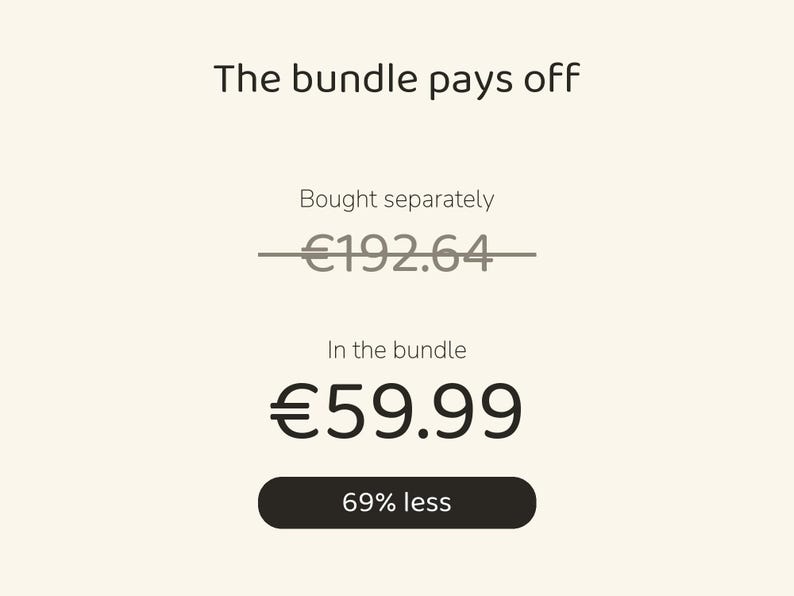 May include: A digital graphic displaying the text The bundle pays off. It shows a crossed-out price of &euro;192.64 labeled Bought separately, a current price of &euro;59.99 labeled In the bundle, and a black button containing the text 69% less.