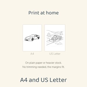 Pu&ograve; includere: File digitali da stampare a casa in formato A4 e US Letter. Il foglio A4 presenta un disegno al tratto di un'auto sportiva, mentre il foglio US Letter mostra un autocarro con cassone ribaltabile su una strada. Testo: Print at home e A4 and US Letter.