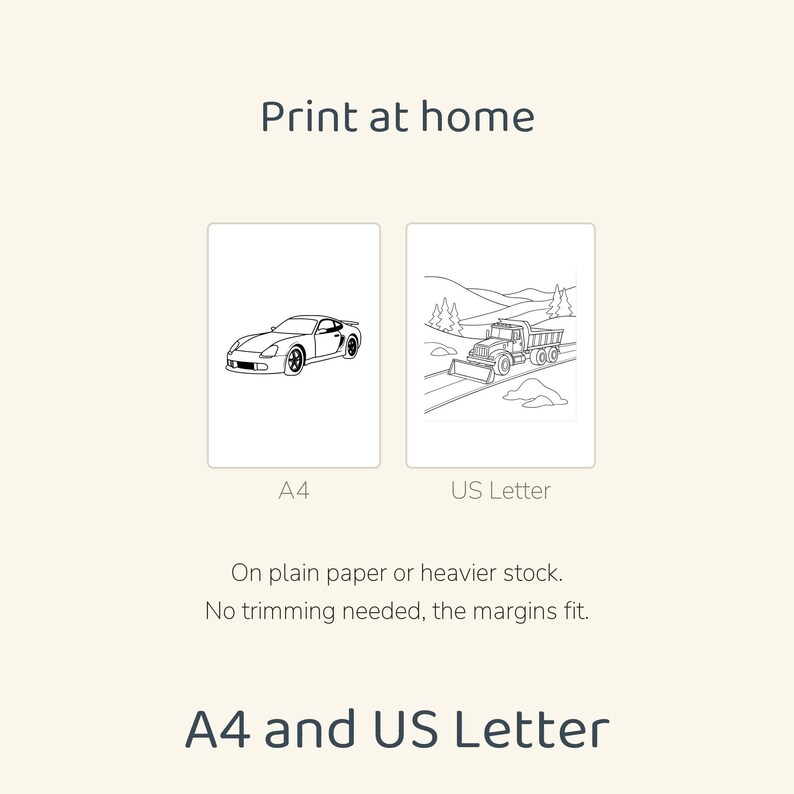 Pu&ograve; includere: File digitali da stampare a casa in formato A4 e US Letter. Il foglio A4 presenta un disegno al tratto di un'auto sportiva, mentre il foglio US Letter mostra un autocarro con cassone ribaltabile su una strada. Testo: Print at home e A4 and US Letter.