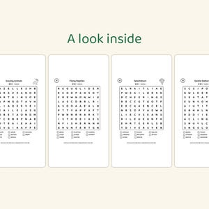 Puede incluir: Cuatro p&aacute;ginas verticales de sopas de letras tituladas A look inside, con cuadr&iacute;culas numeradas 30 Grazing Animals, 31 Flying Reptiles, 32 Splashdown y 33 Gentle Seahorses. Cada p&aacute;gina incluye una cuadr&iacute;cula de letras, una lista de palabras y casillas de verificaci&oacute;n.