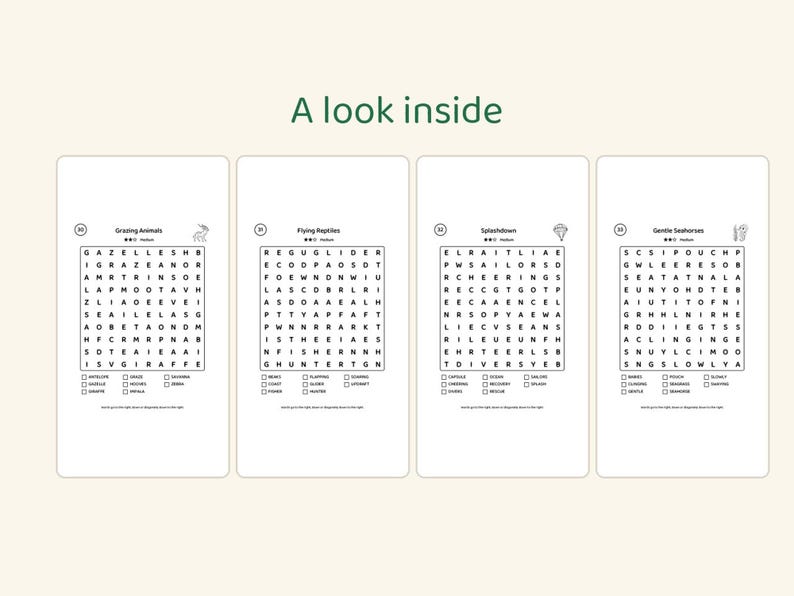 Puede incluir: Cuatro p&aacute;ginas verticales de sopas de letras tituladas A look inside, con cuadr&iacute;culas numeradas 30 Grazing Animals, 31 Flying Reptiles, 32 Splashdown y 33 Gentle Seahorses. Cada p&aacute;gina incluye una cuadr&iacute;cula de letras, una lista de palabras y casillas de verificaci&oacute;n.