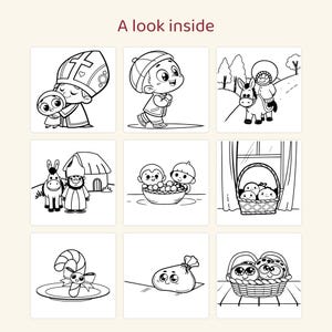 May include: A coloring book page titled A look inside featuring nine black and white line art illustrations of cartoon characters, a donkey, a basket of treats, a candy cane on a plate, and a sack, all designed for coloring activities.