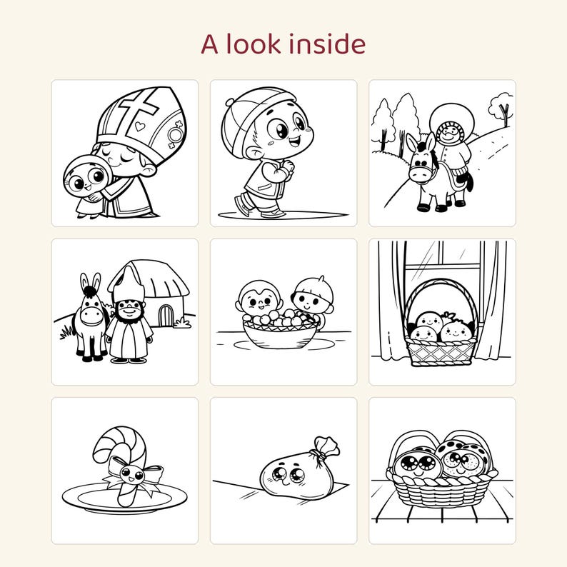 May include: A coloring book page titled A look inside featuring nine black and white line art illustrations of cartoon characters, a donkey, a basket of treats, a candy cane on a plate, and a sack, all designed for coloring activities.