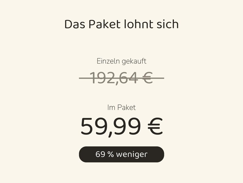 Puede incluir: Una pantalla gr&aacute;fica con el texto Das Paket lohnt sich, que muestra un precio tachado de 192,64 &euro;, un precio de paquete de 59,99 &euro; y un bot&oacute;n negro con la etiqueta 69 % weniger, indicando una comparaci&oacute;n de precios.
