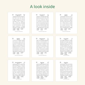 May include: A collection of nine black and white word search puzzles arranged in a grid, titled A look inside. Each puzzle features a letter grid, a theme title, and a list of words to find, including Creatures of the Night and Tasty Tropical Fruit.