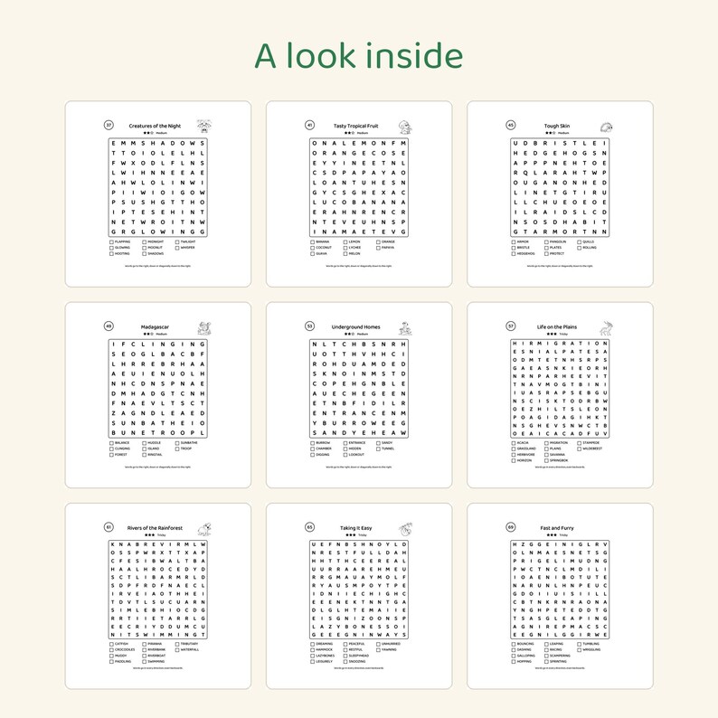 May include: A collection of nine black and white word search puzzles arranged in a grid, titled A look inside. Each puzzle features a letter grid, a theme title, and a list of words to find, including Creatures of the Night and Tasty Tropical Fruit.