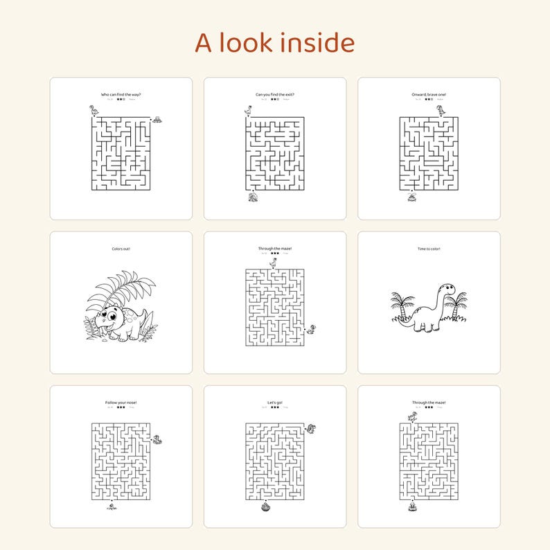 May include: A collection of nine square activity pages titled A look inside, featuring black and white line art. The pages include various mazes with small dinosaur illustrations and two colouring pages depicting dinosaurs in jungle settings.