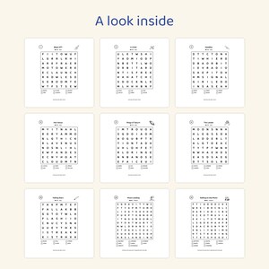 May include: A collection of nine space-themed word search puzzles on white pages with the title A look inside. Each grid features black letters, a numbered header, a small icon, and a list of words to find at the bottom of each square.