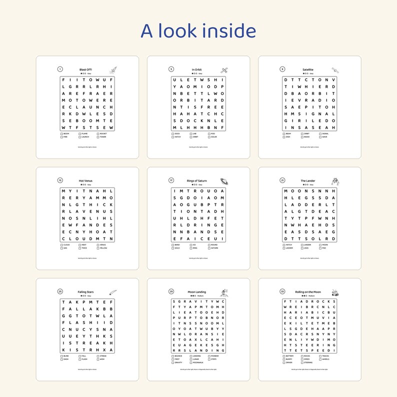 May include: A collection of nine space-themed word search puzzles on white pages with the title A look inside. Each grid features black letters, a numbered header, a small icon, and a list of words to find at the bottom of each square.