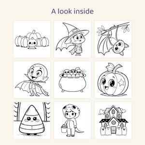 May include: A coloring book page titled A look inside featuring nine black and white line art illustrations including pumpkins, a witch, a bat, a vampire, a cauldron, a jack-o'-lantern, candy corn, a child in a dinosaur costume, and a haunted house.