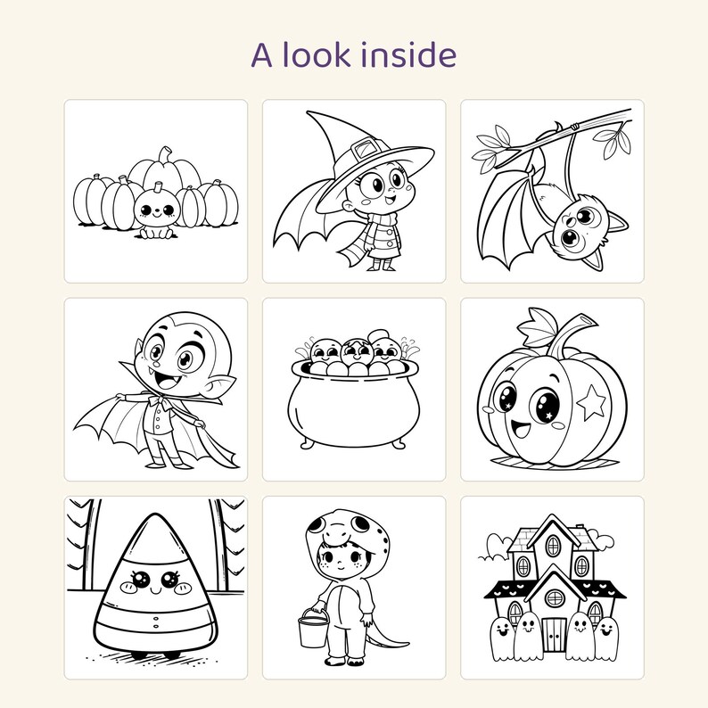 May include: A coloring book page titled A look inside featuring nine black and white line art illustrations including pumpkins, a witch, a bat, a vampire, a cauldron, a jack-o'-lantern, candy corn, a child in a dinosaur costume, and a haunted house.