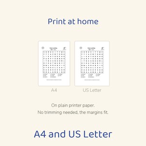 May include: Two printable word search puzzle sheets titled Moon Landing, one labeled A4 and one labeled US Letter. The text Print at home, On plain printer paper. No trimming needed, the margins fit. and A4 and US Letter are visible.