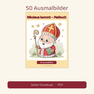 May include: A coloring book titled 50 Ausmalbilder and Nikolaus kommt - Malbuch featuring a cartoon illustration of Saint Nicholas in red robes and a mitre, holding a golden staff and a book, surrounded by yellow stars on a light background.