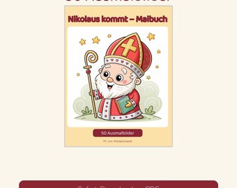 May include: A coloring book titled 50 Ausmalbilder and Nikolaus kommt - Malbuch featuring a cartoon illustration of Saint Nicholas in red robes and a mitre, holding a golden staff and a book, surrounded by yellow stars on a light background.