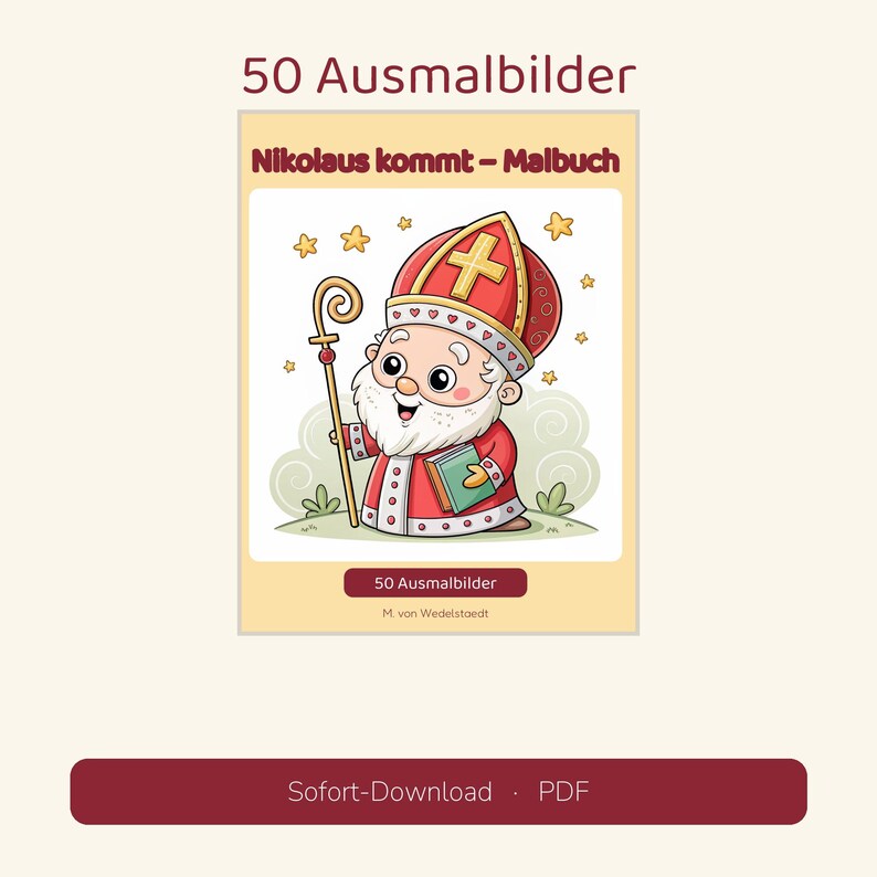 May include: A coloring book titled 50 Ausmalbilder and Nikolaus kommt - Malbuch featuring a cartoon illustration of Saint Nicholas in red robes and a mitre, holding a golden staff and a book, surrounded by yellow stars on a light background.