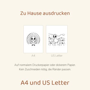 Puede incluir: Dos p&aacute;ginas para colorear imprimibles con arte lineal en blanco y negro. Una p&aacute;gina muestra un pavo, la otra un pato en un campo de calabazas. El texto incluye Zu Hause ausdrucken, A4, US Letter, y Auf normalem Druckerpapier.