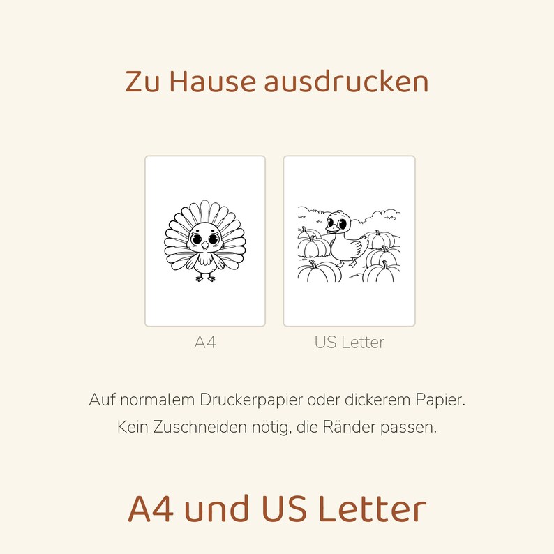 Puede incluir: Dos p&aacute;ginas para colorear imprimibles con arte lineal en blanco y negro. Una p&aacute;gina muestra un pavo, la otra un pato en un campo de calabazas. El texto incluye Zu Hause ausdrucken, A4, US Letter, y Auf normalem Druckerpapier.