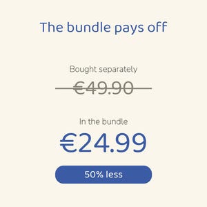 May include: A graphic display with the text The bundle pays off. It shows a crossed-out price of &euro;49.90 labeled Bought separately, a price of &euro;24.99 labeled In the bundle, and a blue button containing the text 50% less.