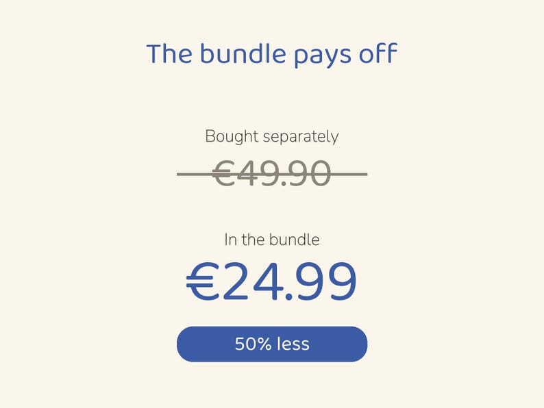 May include: A graphic display with the text The bundle pays off. It shows a crossed-out price of &euro;49.90 labeled Bought separately, a price of &euro;24.99 labeled In the bundle, and a blue button containing the text 50% less.