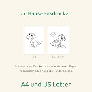 Puede incluir: Dos p&aacute;ginas para colorear imprimibles con ilustraciones de dinosaurios en blanco y negro. El texto dice Zu Hause ausdrucken, A4, US Letter, Auf normalem Druckerpapier oder dickerem Papier. Kein Zuschneiden n&ouml;tig, die R&auml;nder passen, A4 und US Letter.