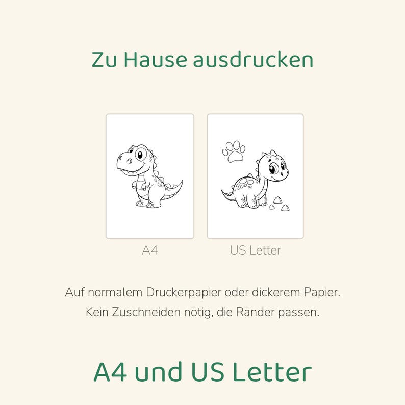 Puede incluir: Dos p&aacute;ginas para colorear imprimibles con ilustraciones de dinosaurios en blanco y negro. El texto dice Zu Hause ausdrucken, A4, US Letter, Auf normalem Druckerpapier oder dickerem Papier. Kein Zuschneiden n&ouml;tig, die R&auml;nder passen, A4 und US Letter.