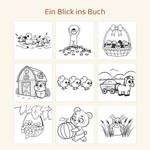 Puede incluir: Una p&aacute;gina de libro para colorear titulada Ein Blick ins Buch con nueve ilustraciones de l&iacute;neas en blanco y negro que incluyen patos en un estanque, un ni&ntilde;o entre hojas, una cesta de pi&ntilde;as, un granero, pavos, un caballo con carro, uvas, un oso con una calabaza y un molino.