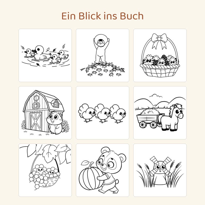 Puede incluir: Una p&aacute;gina de libro para colorear titulada Ein Blick ins Buch con nueve ilustraciones de l&iacute;neas en blanco y negro que incluyen patos en un estanque, un ni&ntilde;o entre hojas, una cesta de pi&ntilde;as, un granero, pavos, un caballo con carro, uvas, un oso con una calabaza y un molino.
