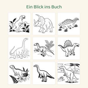 May include: A grid of nine black and white dinosaur illustrations with the text Ein Blick ins Buch at the top. The images feature various dinosaurs including a T-Rex, Triceratops, Ankylosaurus, Brachiosaurus, and others in natural settings.