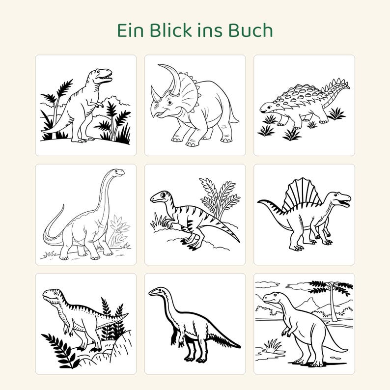 May include: A grid of nine black and white dinosaur illustrations with the text Ein Blick ins Buch at the top. The images feature various dinosaurs including a T-Rex, Triceratops, Ankylosaurus, Brachiosaurus, and others in natural settings.
