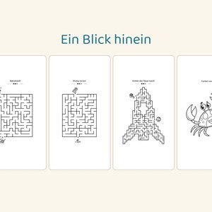 May include: Four vertical white pages featuring black line art activities. The pages include three rectangular mazes with small character illustrations and one page with a cartoon crab. The text reads Ein Blick hinein, R&auml;tselzeit, Mutig voran, Immer der Nase nach, and Farben raus.