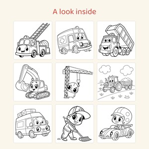 Puede incluir: Una p&aacute;gina para colorear titulada A look inside que presenta nueve ilustraciones en blanco y negro de veh&iacute;culos y personajes, incluyendo un cami&oacute;n de bomberos, ambulancia, cami&oacute;n volquete, excavadora, gr&uacute;a, tractor, furgoneta, una persona con un rastrillo y un coche de carreras.
