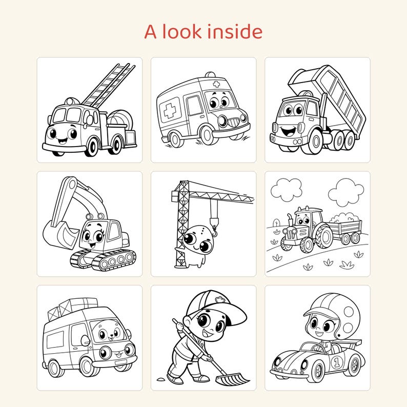 Puede incluir: Una p&aacute;gina para colorear titulada A look inside que presenta nueve ilustraciones en blanco y negro de veh&iacute;culos y personajes, incluyendo un cami&oacute;n de bomberos, ambulancia, cami&oacute;n volquete, excavadora, gr&uacute;a, tractor, furgoneta, una persona con un rastrillo y un coche de carreras.