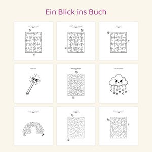 May include: A collection of nine black and white activity pages titled Ein Blick ins Buch. The pages feature various mazes, a star wand, and a cloud with hanging hearts and stars, all designed for coloring and puzzle solving activities.