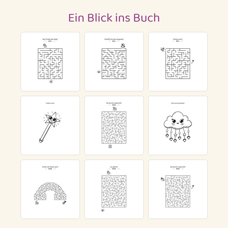 May include: A collection of nine black and white activity pages titled Ein Blick ins Buch. The pages feature various mazes, a star wand, and a cloud with hanging hearts and stars, all designed for coloring and puzzle solving activities.