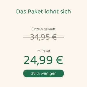 May include: A graphic display with the text Das Paket lohnt sich. Below, the text Einzeln gekauft is above a crossed-out 34,95 &euro;. The text Im Paket is above 24,99 &euro; in green, followed by a green button containing the text 28 % weniger.