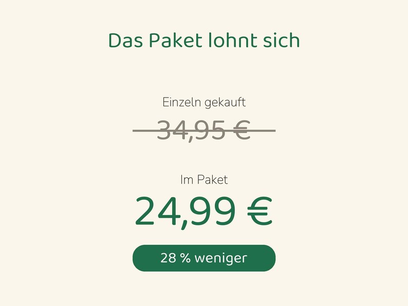 May include: A graphic display with the text Das Paket lohnt sich. Below, the text Einzeln gekauft is above a crossed-out 34,95 &euro;. The text Im Paket is above 24,99 &euro; in green, followed by a green button containing the text 28 % weniger.