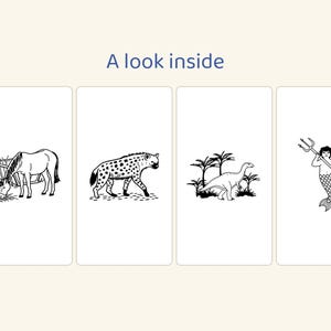 May include: Four rectangular cards with black and white line drawings featuring the text A look inside. The illustrations depict a horse eating hay, a spotted hyena, a dinosaur in a landscape, and a merman holding a trident.