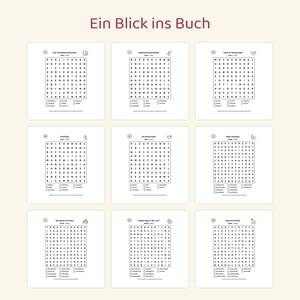 May include: A grid of nine word search puzzles on white paper, each featuring a numbered title, a letter square, and a list of words to find. The header text reads "Ein Blick ins Buch" in dark red. The puzzles contain German words and letters.