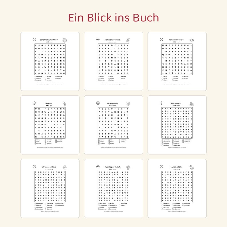 May include: A grid of nine word search puzzles on white paper, each featuring a numbered title, a letter square, and a list of words to find. The header text reads "Ein Blick ins Buch" in dark red. The puzzles contain German words and letters.