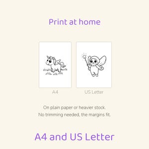 Puede incluir: Dos p&aacute;ginas para colorear imprimibles con arte lineal en blanco y negro. Una p&aacute;gina muestra un unicornio en la hierba etiquetado como A4, y la otra un hada con una varita de estrella etiquetada como US Letter. Texto: Print at home, A4 and US Letter.