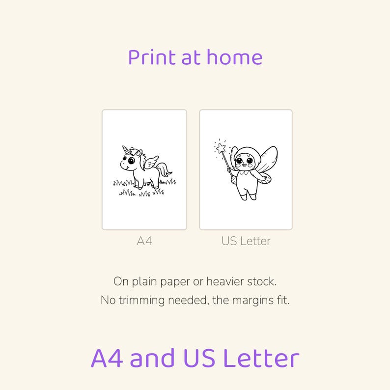 Puede incluir: Dos p&aacute;ginas para colorear imprimibles con arte lineal en blanco y negro. Una p&aacute;gina muestra un unicornio en la hierba etiquetado como A4, y la otra un hada con una varita de estrella etiquetada como US Letter. Texto: Print at home, A4 and US Letter.