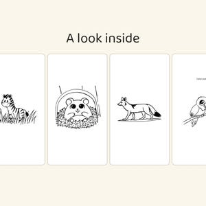 May include: A coloring book page set with the text A look inside at the top. Four panels show black and white line drawings of a zebra in grass, a hamster in a nest, a fox, and a bird on a branch with the text Colors on it.