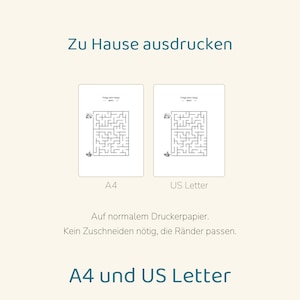 May include: Two printable maze activity sheets displayed side-by-side, labeled A4 and US Letter. The text reads Zu Hause ausdrucken, Folge dem Weg, Auf normalem Druckerpapier. Kein Zuschneiden n&ouml;tig, die R&auml;nder passen, and A4 und US Letter.