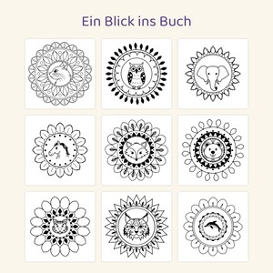 May include: A grid of nine black and white circular animal illustrations, each enclosed in a decorative mandala-style border. The text 'Ein Blick ins Buch' appears at the top. The animals include a cat, owl, elephant, horse, fox, bear, tiger, lynx, and dolphin.