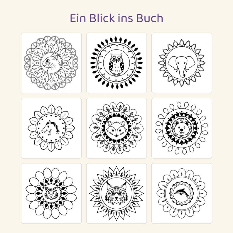 May include: A grid of nine black and white circular animal illustrations, each enclosed in a decorative mandala-style border. The text 'Ein Blick ins Buch' appears at the top. The animals include a cat, owl, elephant, horse, fox, bear, tiger, lynx, and dolphin.