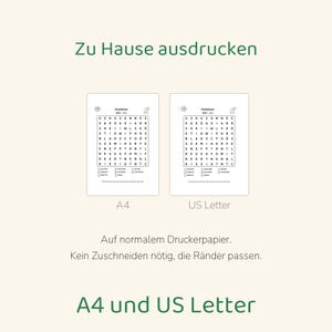 May include: Two printable word search puzzle sheets labeled A4 and US Letter. Each sheet features a grid of letters, the title Dickh&auml;uter, a small elephant icon, and a list of words to find. The text reads Zu Hause ausdrucken, A4, US Letter, Auf normalem Druckerpapier. Kein Zuschneiden n&ouml;tig, die R&auml;nder passen, A4 und US Letter.