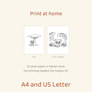 May include: Two printable coloring pages featuring black and white line art. One page shows a lion under a tree labeled A4, and the other shows a lion cub in foliage labeled US Letter. Text includes Print at home, A4 and US Letter.