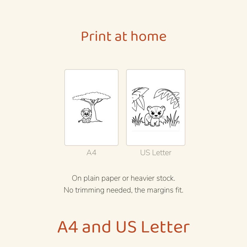 May include: Two printable coloring pages featuring black and white line art. One page shows a lion under a tree labeled A4, and the other shows a lion cub in foliage labeled US Letter. Text includes Print at home, A4 and US Letter.